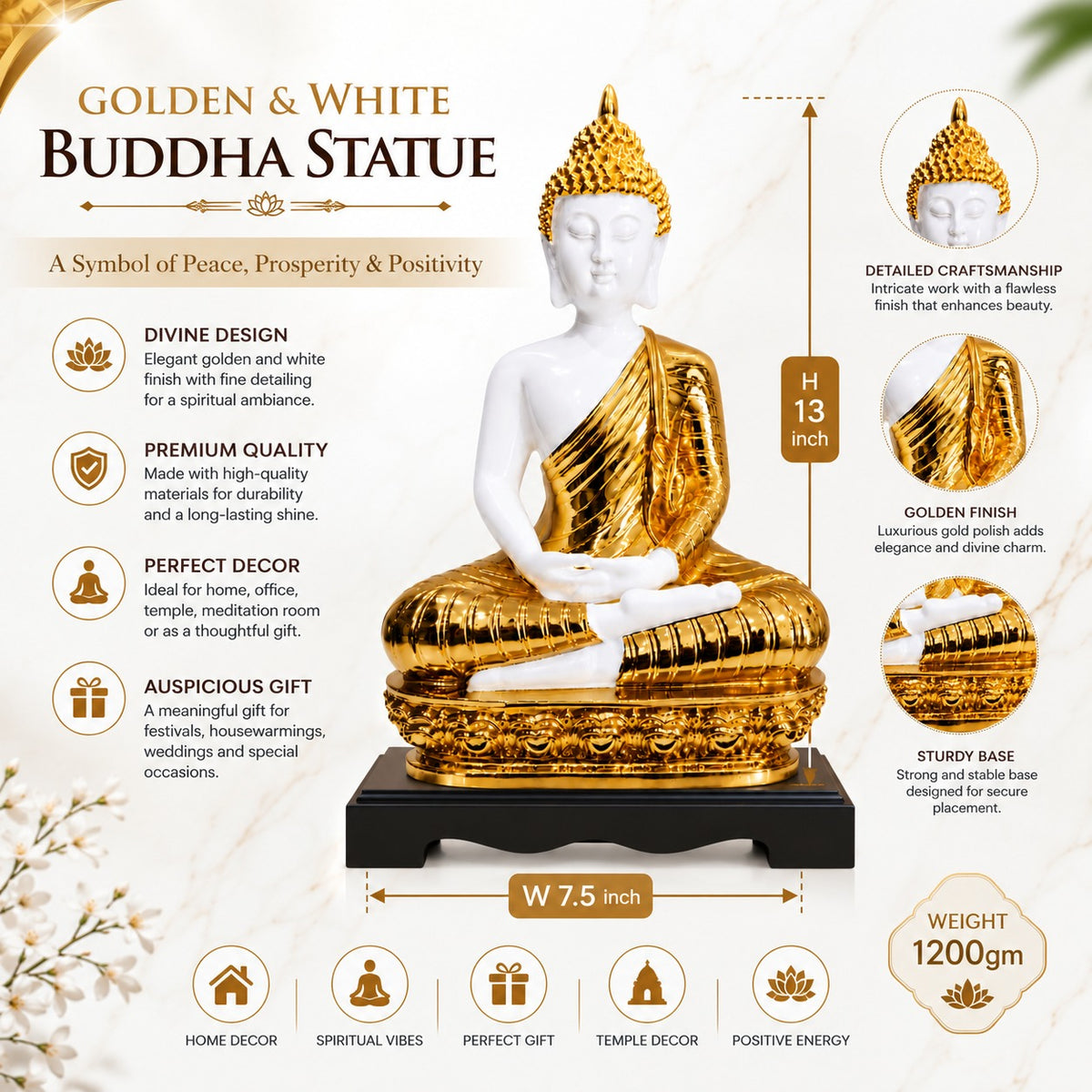 Golden & White Buddha Statue 13 x 7.5 Inch Decorative Idol for Home Décor
