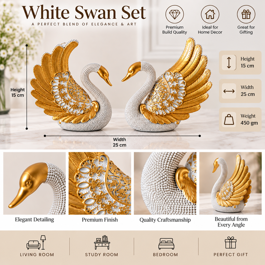 White Swan Decorative Showpiece Set with Gold Detailing | Elegant Swan Couple Figurines