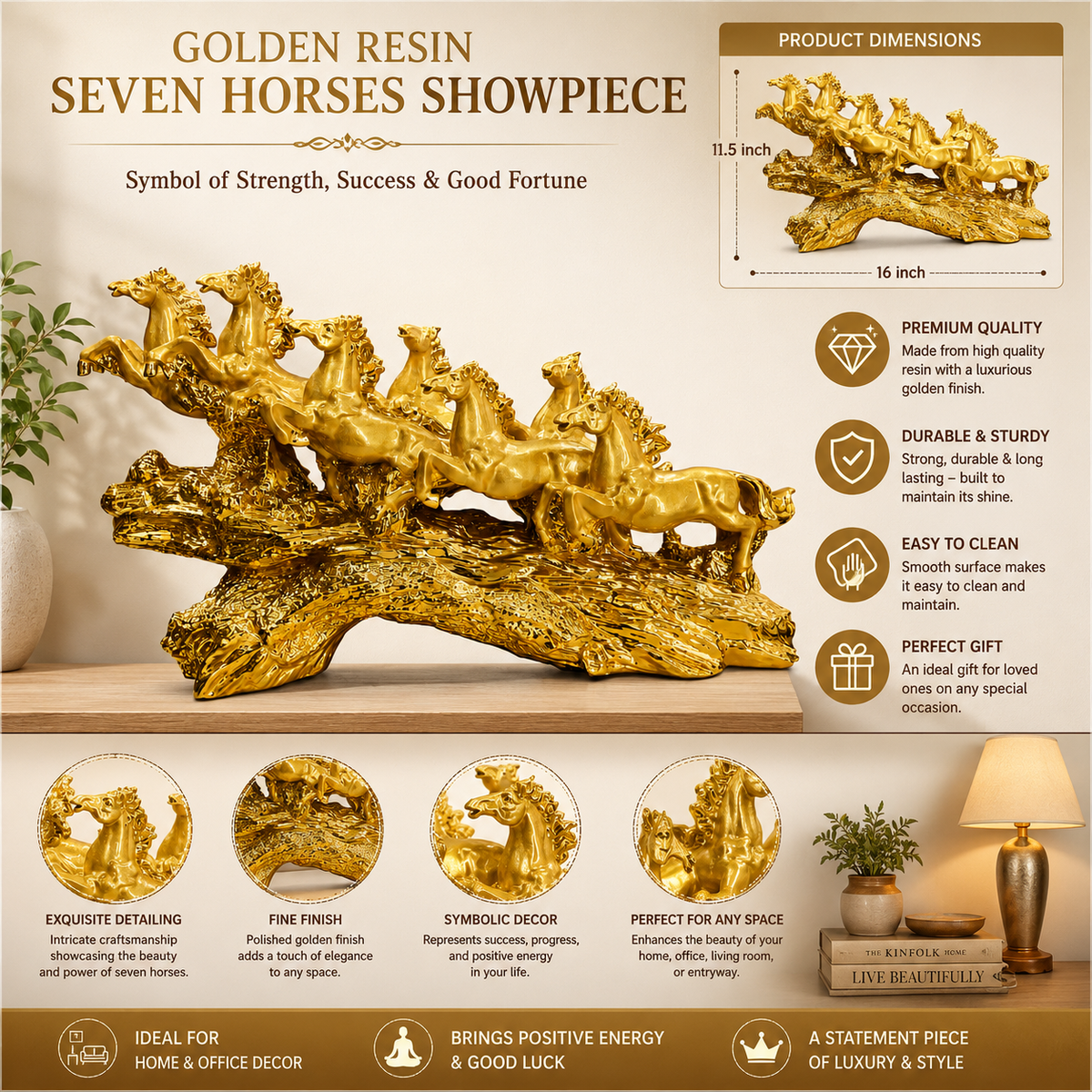 Golden Resin Seven Horses Showpiece 16 x 11.5 Inch Decorative Horse Sculpture