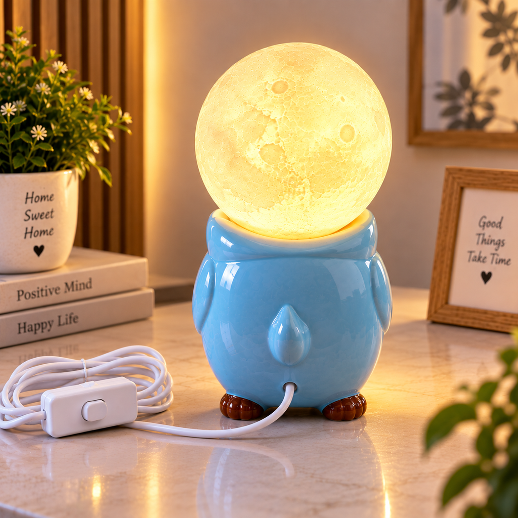 Cute Owl Moon Lamp with Warm Light | Blue Ceramic Owl Night Lamp