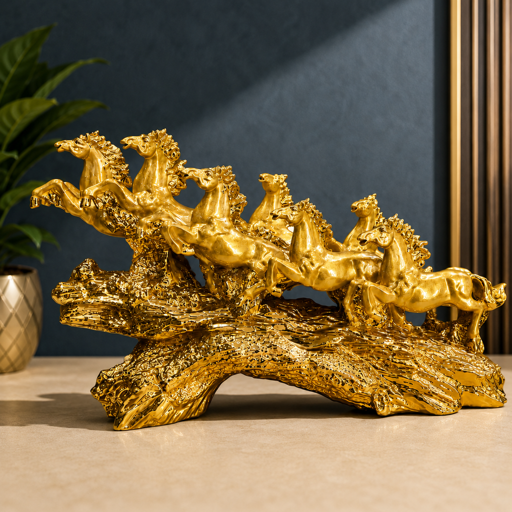 Golden Resin Seven Horses Showpiece 16 x 11.5 Inch Decorative Horse Sculpture