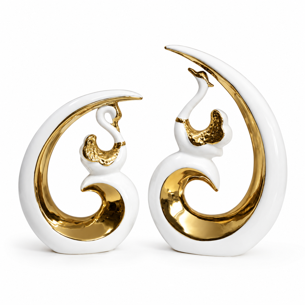 White & Gold Ceramic Showpiece Set of 2, 11 x 11 Inch Home Décor