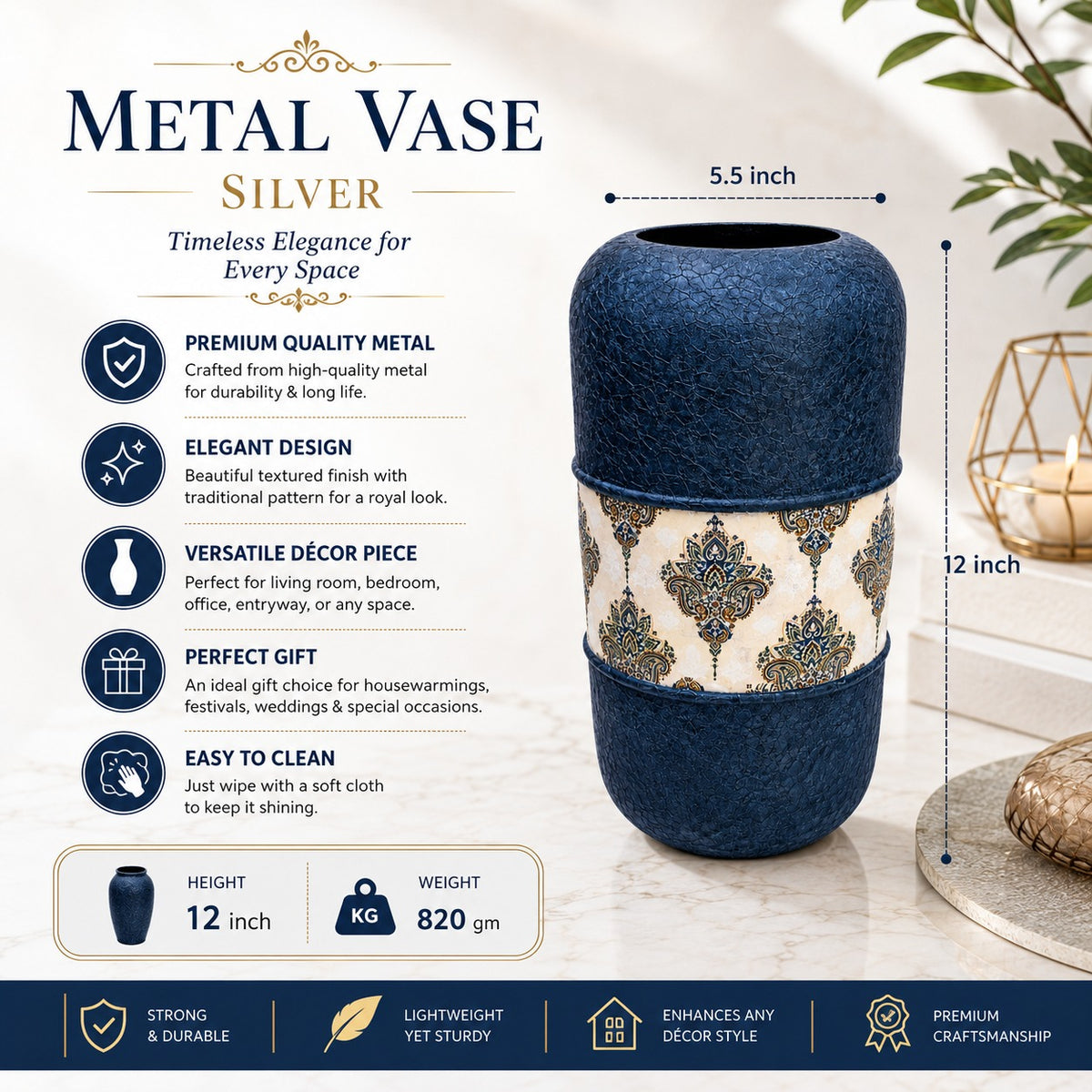 Blue Silver Metal Decorative Vase 12 x 5.5 Inch Modern Home Décor