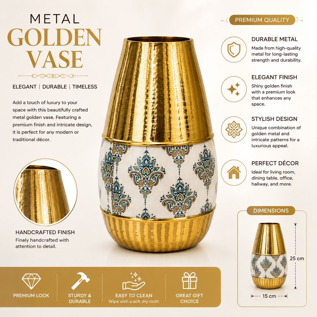 Metal Golden Vase 30.5cm | Decorative Gold Finish Vase for Home & Table Décor