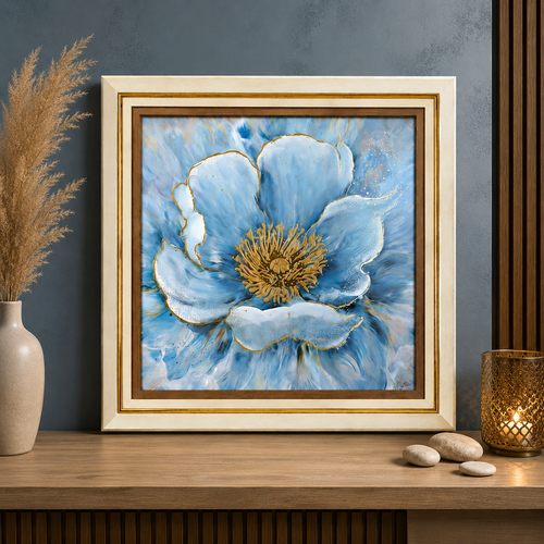 Blue Floral Canvas Wall Painting with Wooden Frame 15 x 15 Inch