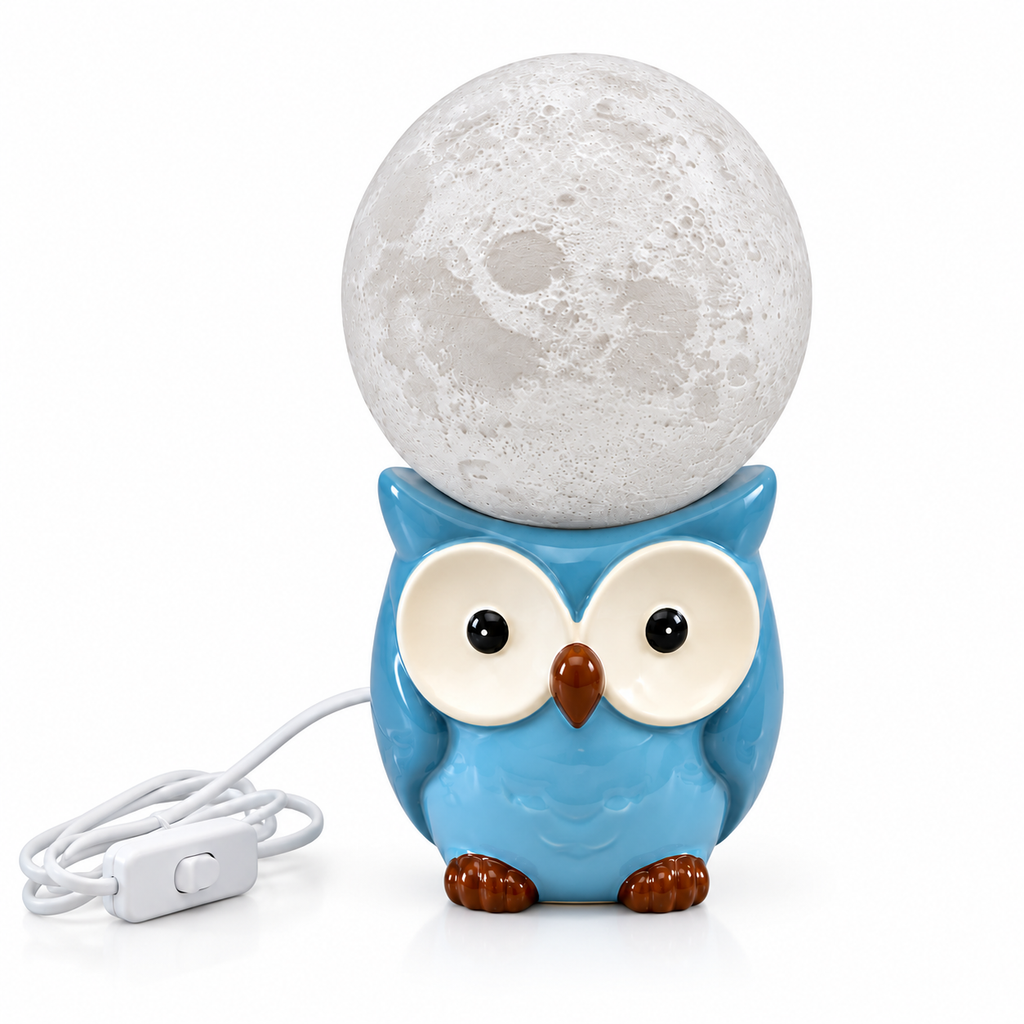 Cute Owl Moon Lamp with Warm Light | Blue Ceramic Owl Night Lamp