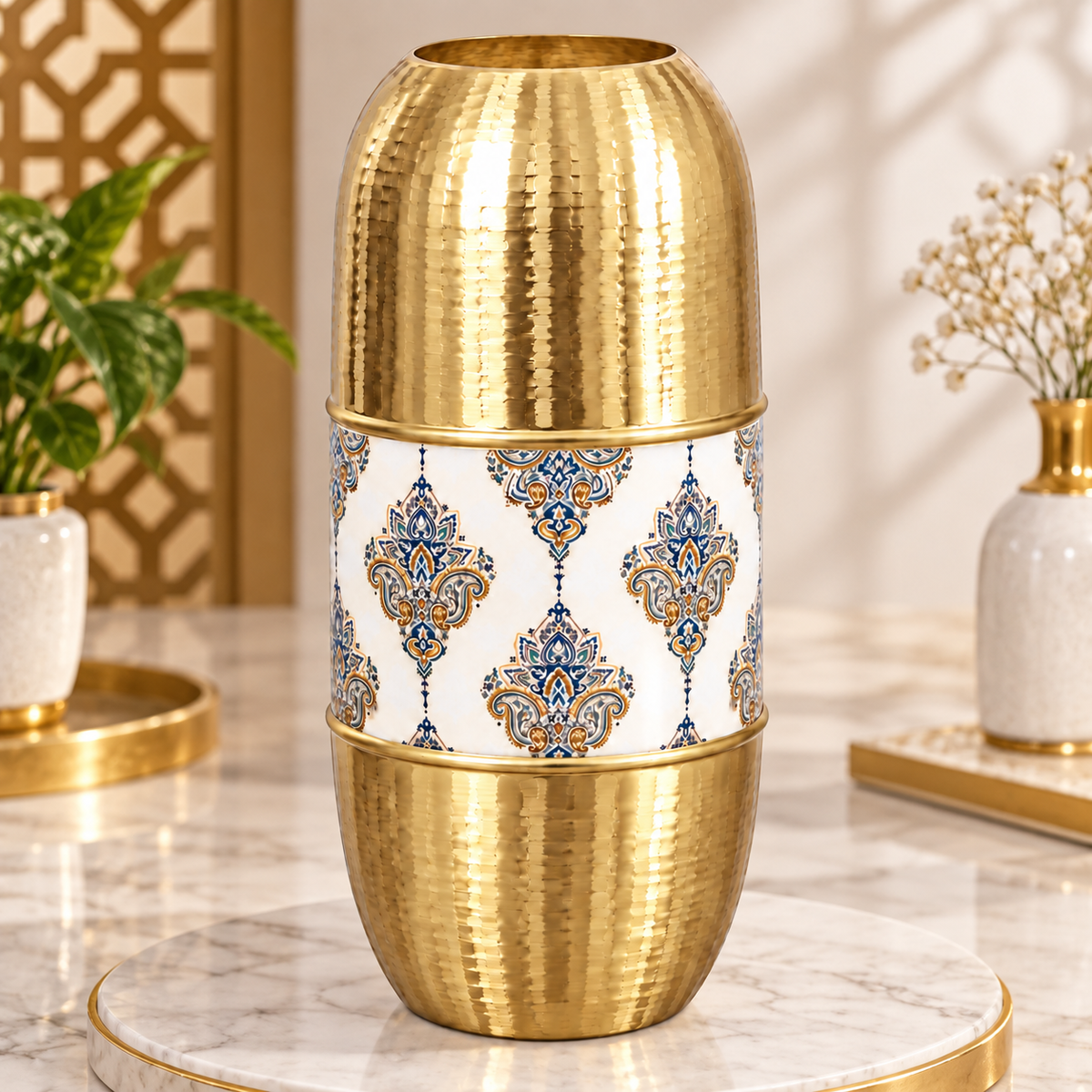 Golden Metal Decorative Vase with Hammered Finish & Premium Pattern for Home Decor