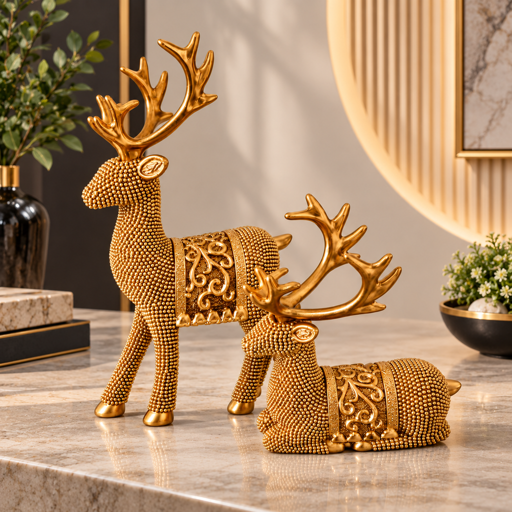 Golden Deer Figurine Set with Elegant Antlers | Decorative Deer Showpieces