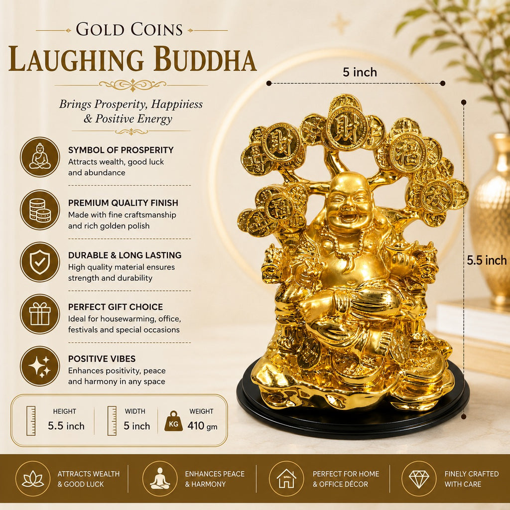 Golden Coins Laughing Buddha Statue 5.5 x 5 Inch Decorative Home Décor