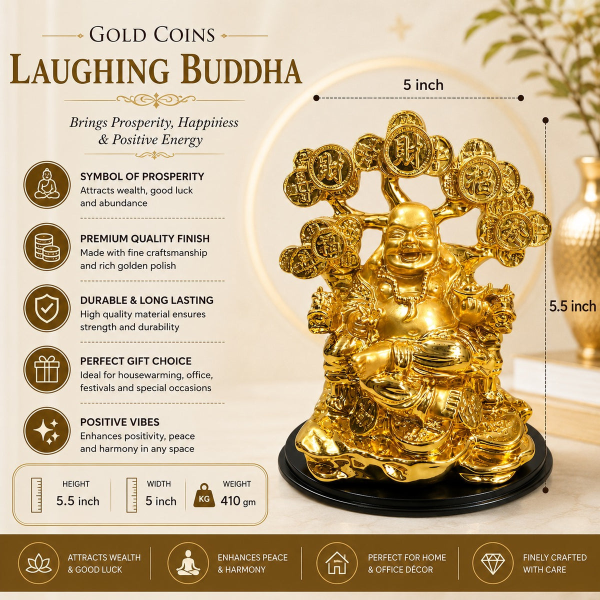 Golden Coins Laughing Buddha Statue 5.5 x 5 Inch Decorative Home Décor