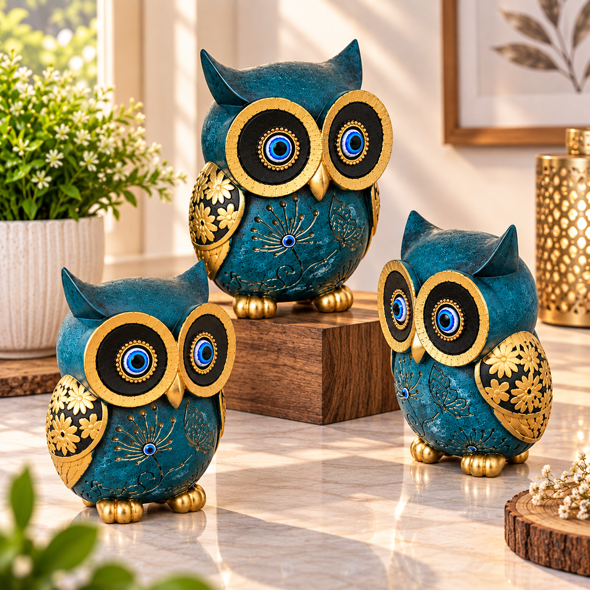Three Piece Blue Owl Showpiece Set with Gold Detailing | Decorative Owl Figurines
