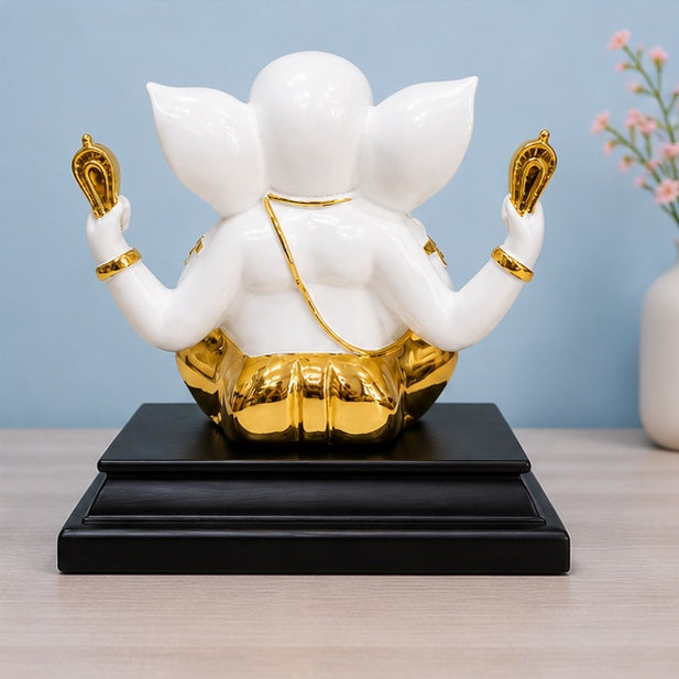 White & Gold Ganesha Statue 10 x 8 Inch Resin Idol with Black Stand for Home Decor & Pooja Room