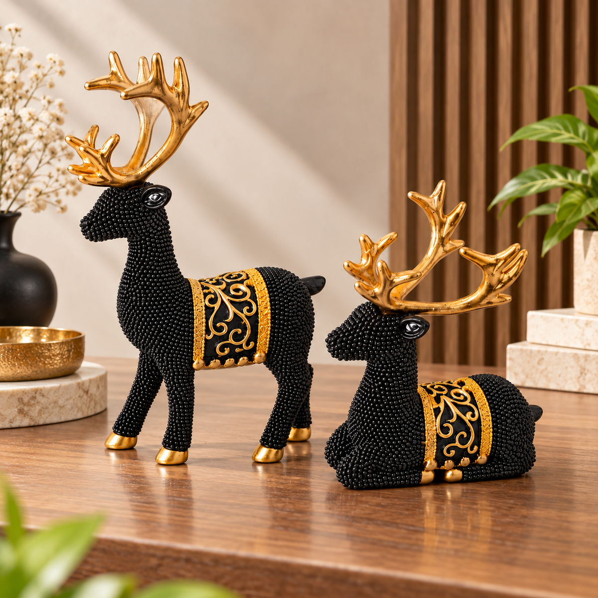 Black Deer Figurine Set with Golden Antlers | Elegant Deer Showpieces for Home Decor