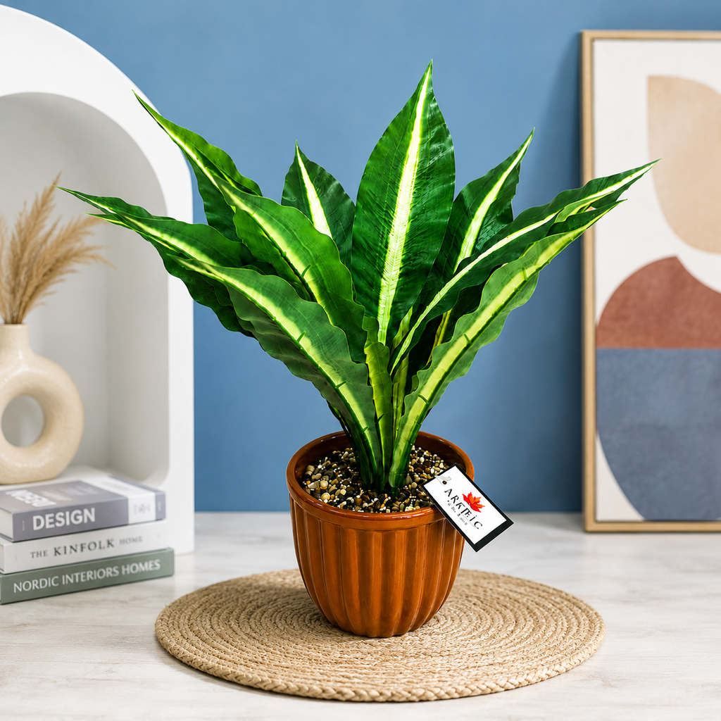 Ceramic Artificial Flower Pot with Green Plant | 15 x 5.5 Inch Decorative Planter