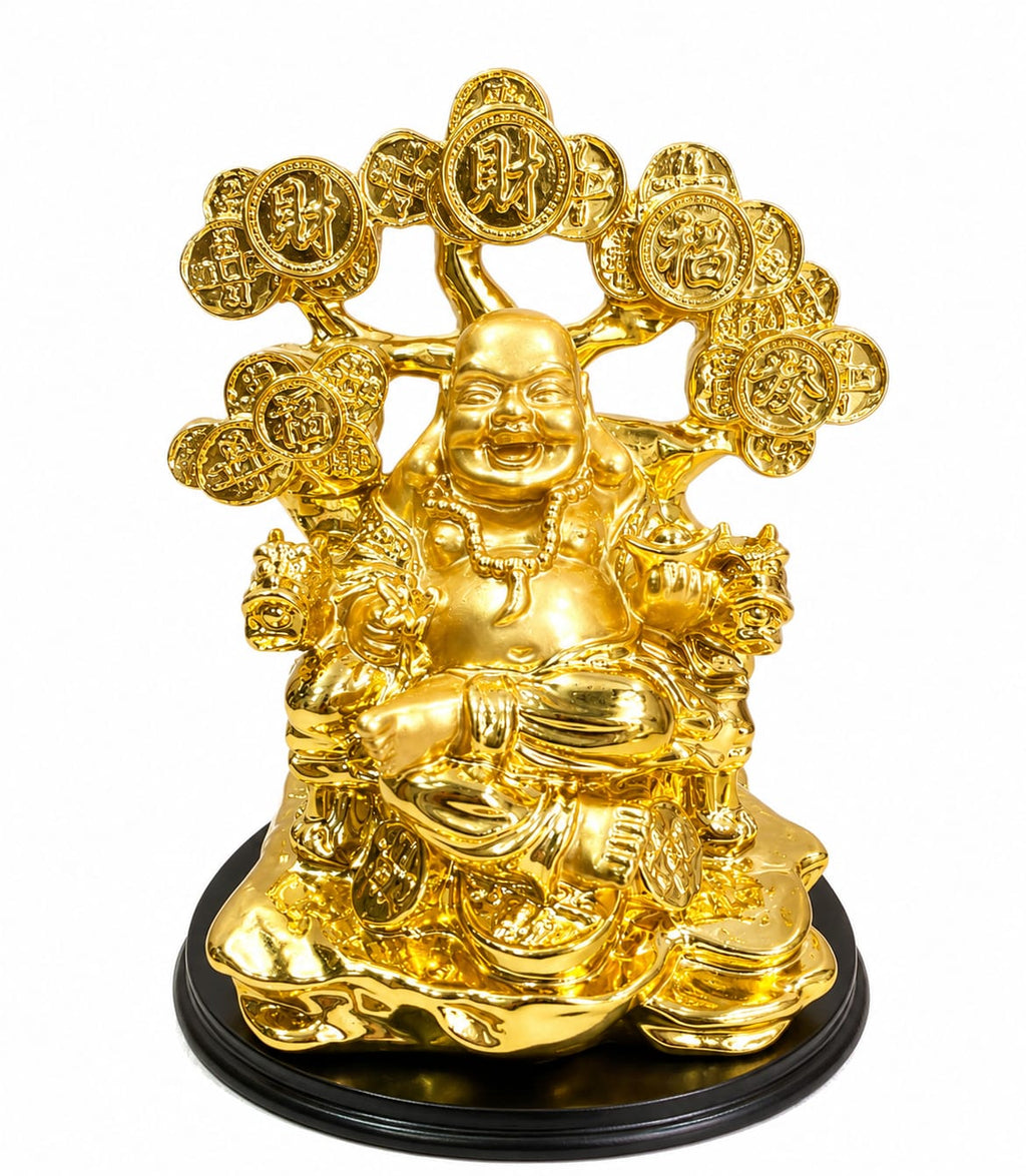 Golden Coins Laughing Buddha Statue 5.5 x 5 Inch Decorative Home Décor