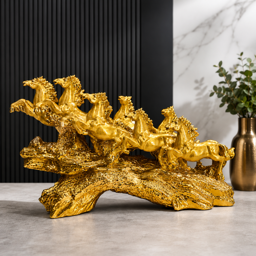 Golden Resin Seven Horses Showpiece 16 x 11.5 Inch Decorative Horse Sculpture