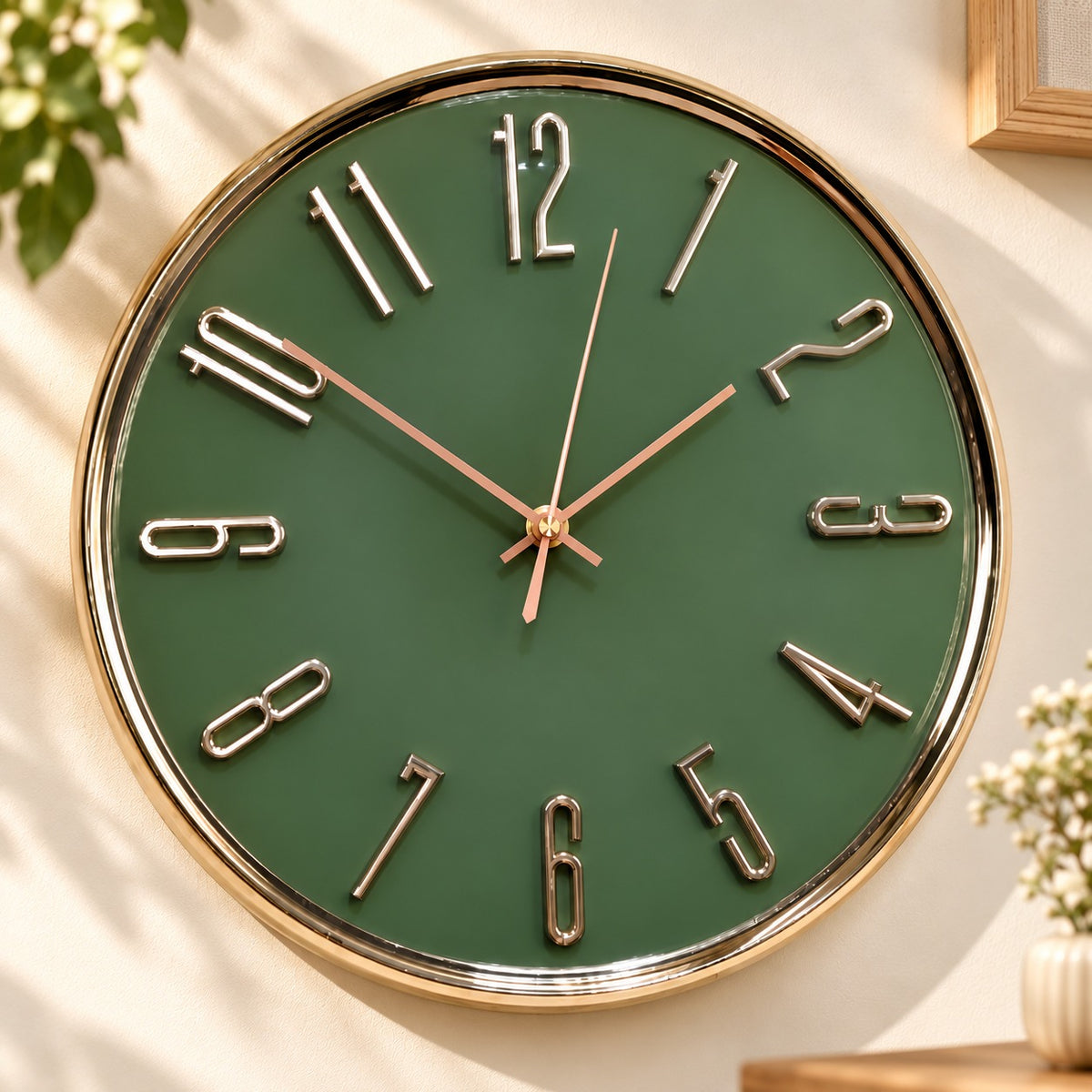 Green and Gold Silent Wall Clock for Home Décor