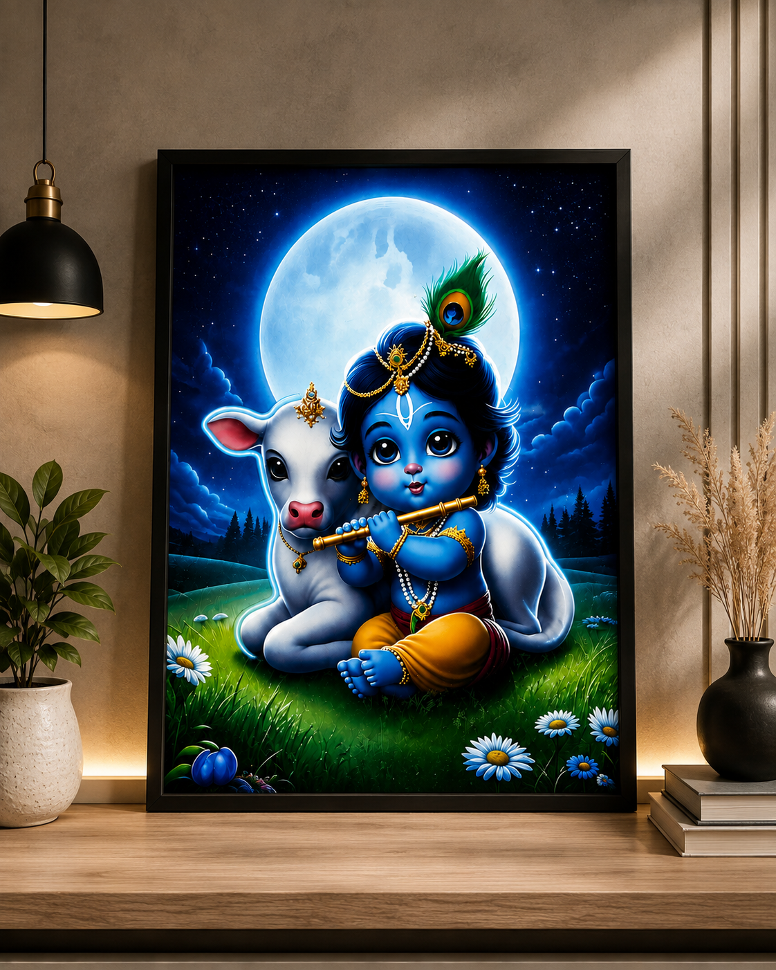 Bal Krishna Wall Painting | Cute Krishna Ji with Cow Religious Wall Art Decor