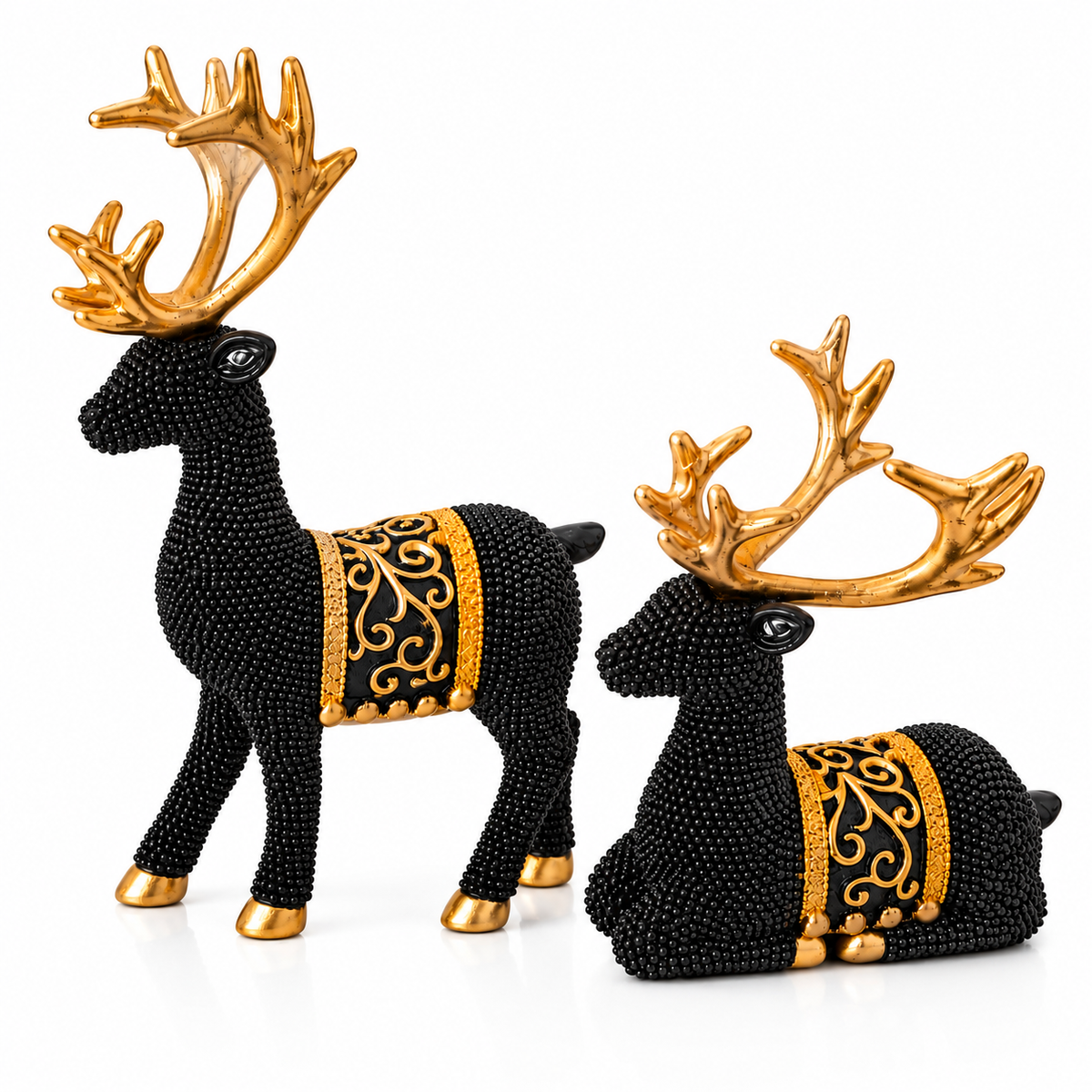 Black Deer Figurine Set with Golden Antlers | Elegant Deer Showpieces for Home Decor