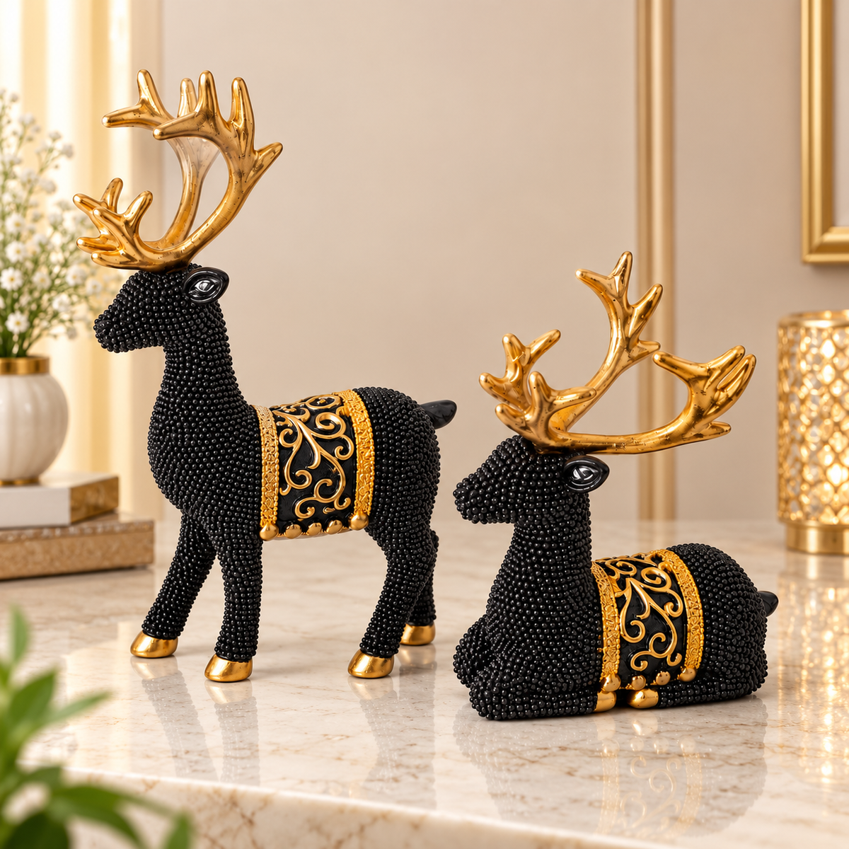Black Deer Figurine Set with Golden Antlers | Elegant Deer Showpieces for Home Decor