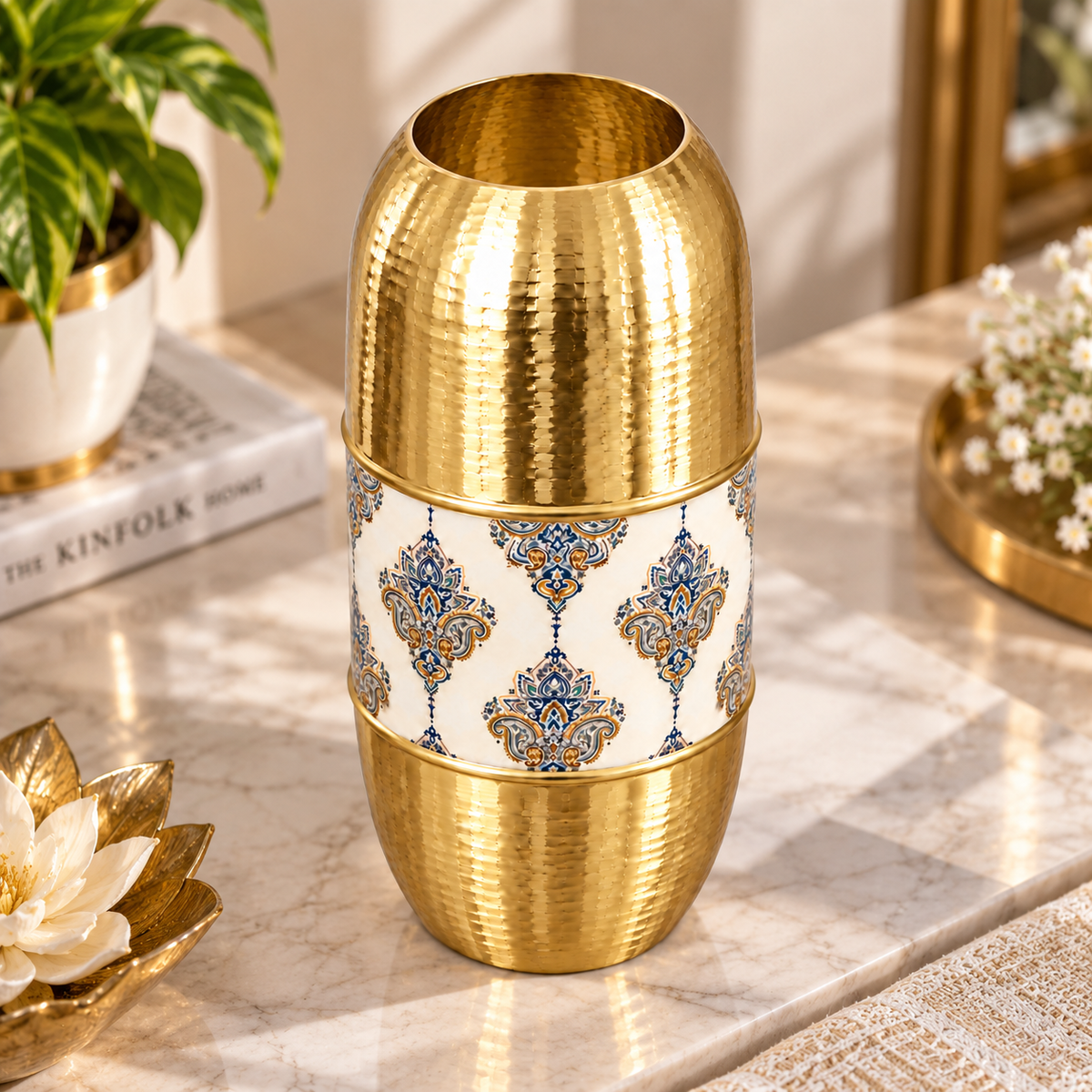 Golden Metal Decorative Vase with Hammered Finish & Premium Pattern