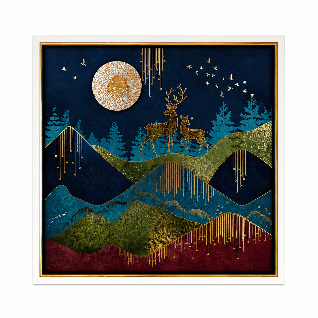 Deer Landscape Canvas Wall Hanging Painting with Wooden Frame 15 x 15 Inch