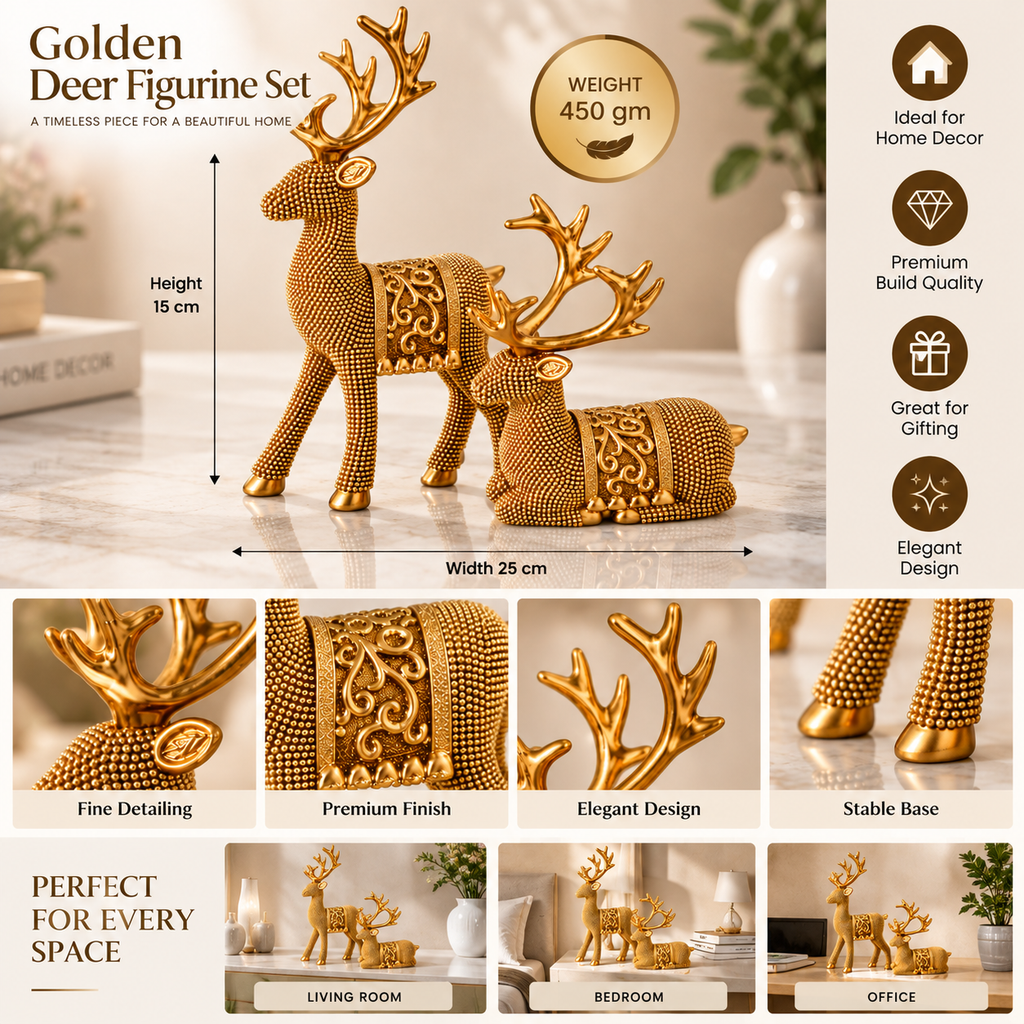 Golden Deer Figurine Set with Elegant Antlers | Decorative Deer Showpieces