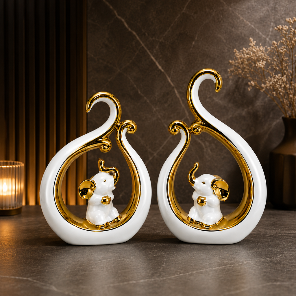 White & Golden Elephant Couple Showpiece for Home & Office Décor