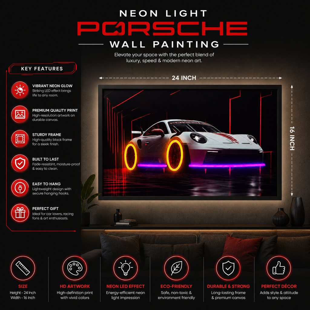 Neon Light Porsche Car Wall Painting | Luxury Sports Car Wall Art & Decor