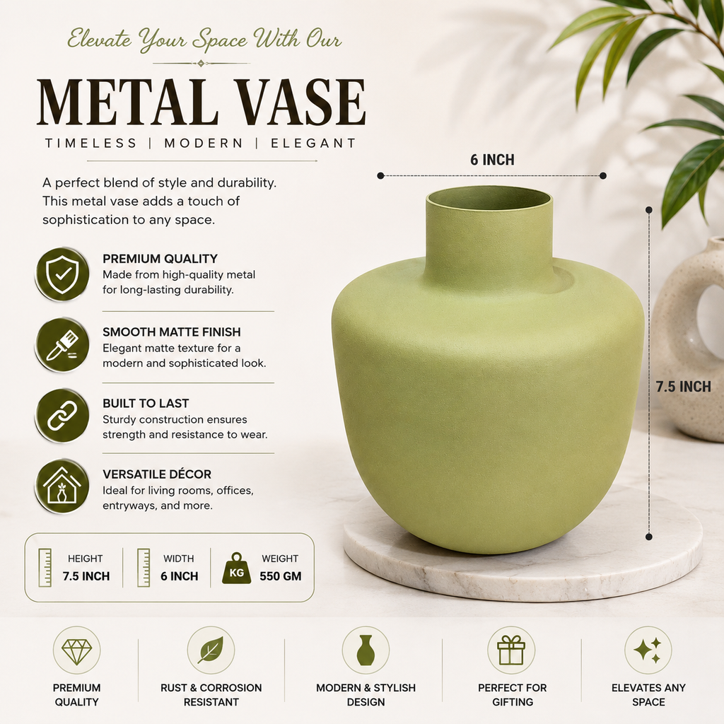 Yellow Metal Decorative Vase 7.5 x 6 Inch Modern Contemporary Home Décor