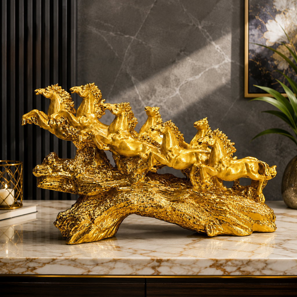 Golden Resin Seven Horses Showpiece 16 x 11.5 Inch Decorative Horse Sculpture