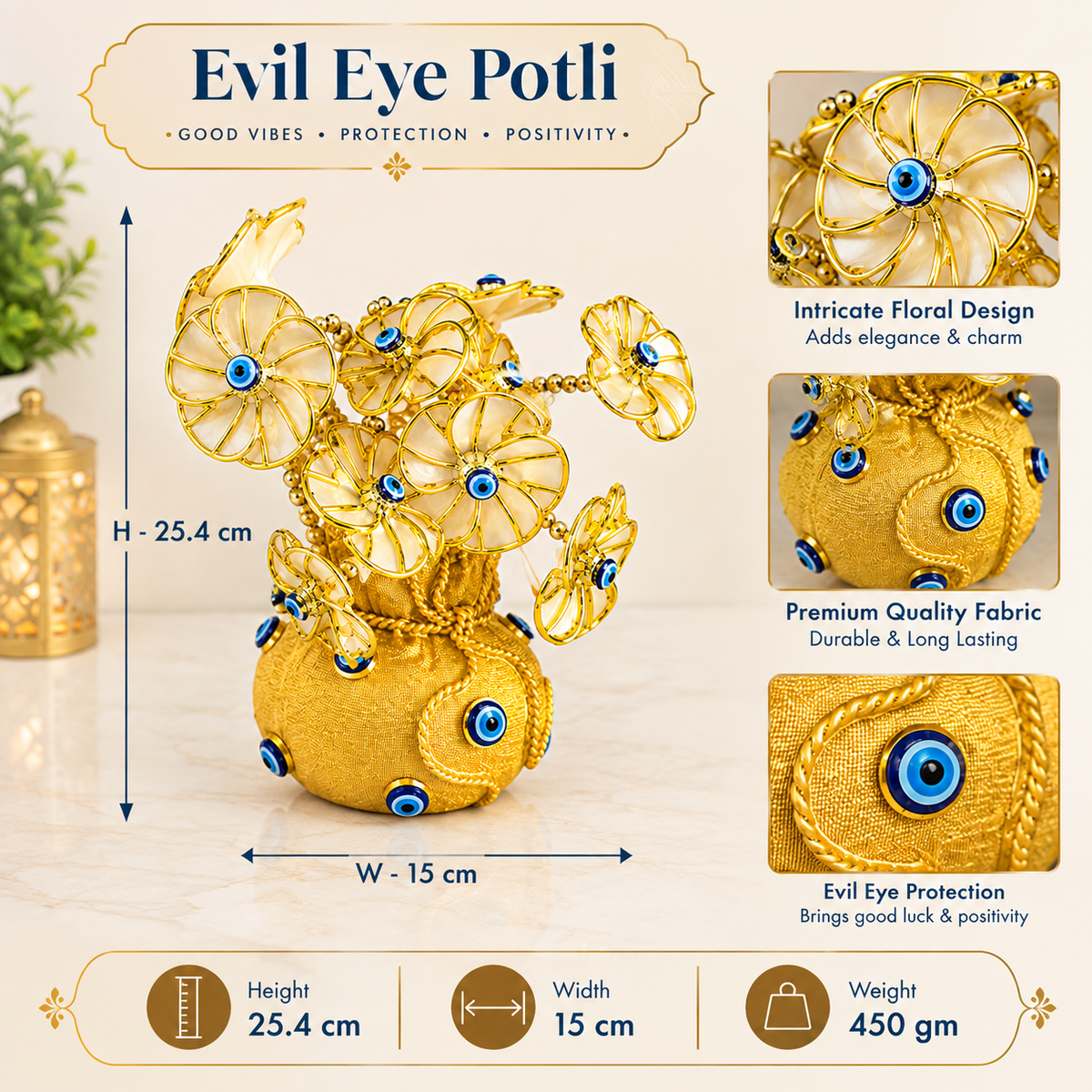 Golden Evil Eye Potli Showpiece for Home Décor