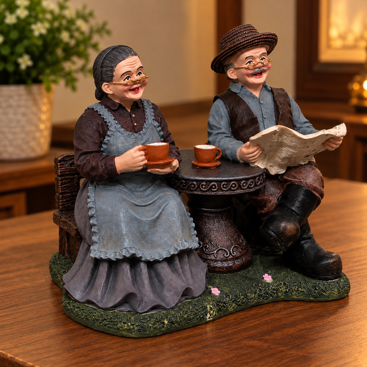 Old Couple Resin Showpiece with Decorative Table for Home Décor
