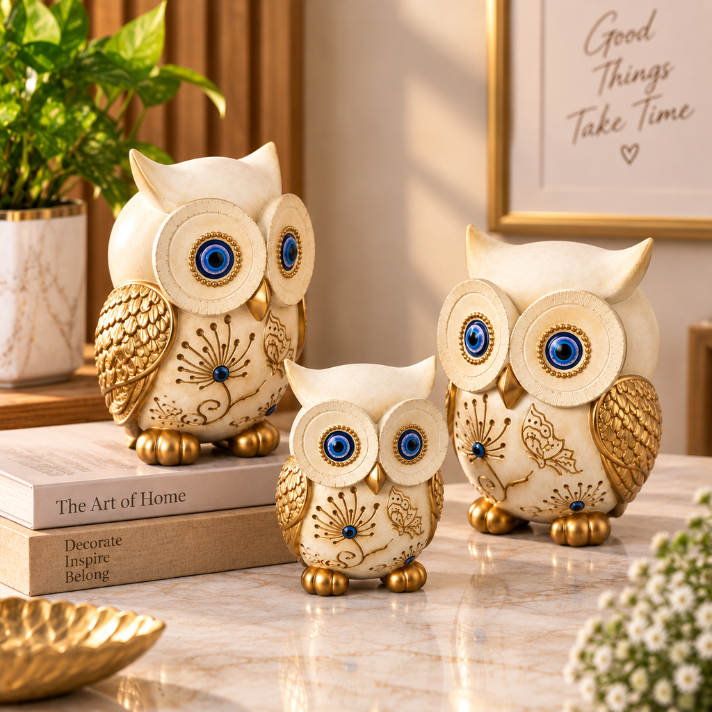 Three Piece Owl Showpiece Set for Home Decor | Elegant Decorative Owl Figurines