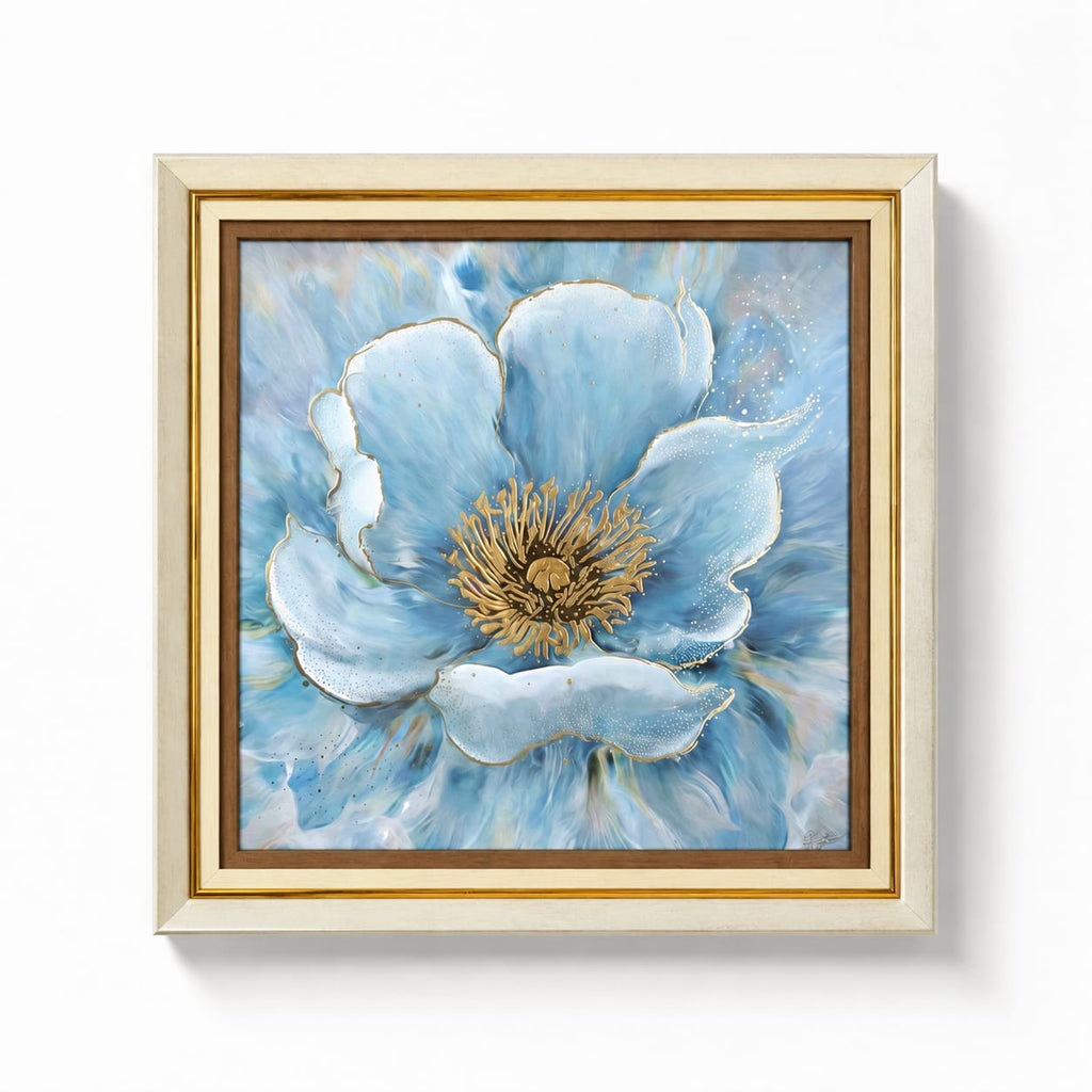 Blue Floral Canvas Wall Painting with Wooden Frame 15 x 15 Inch