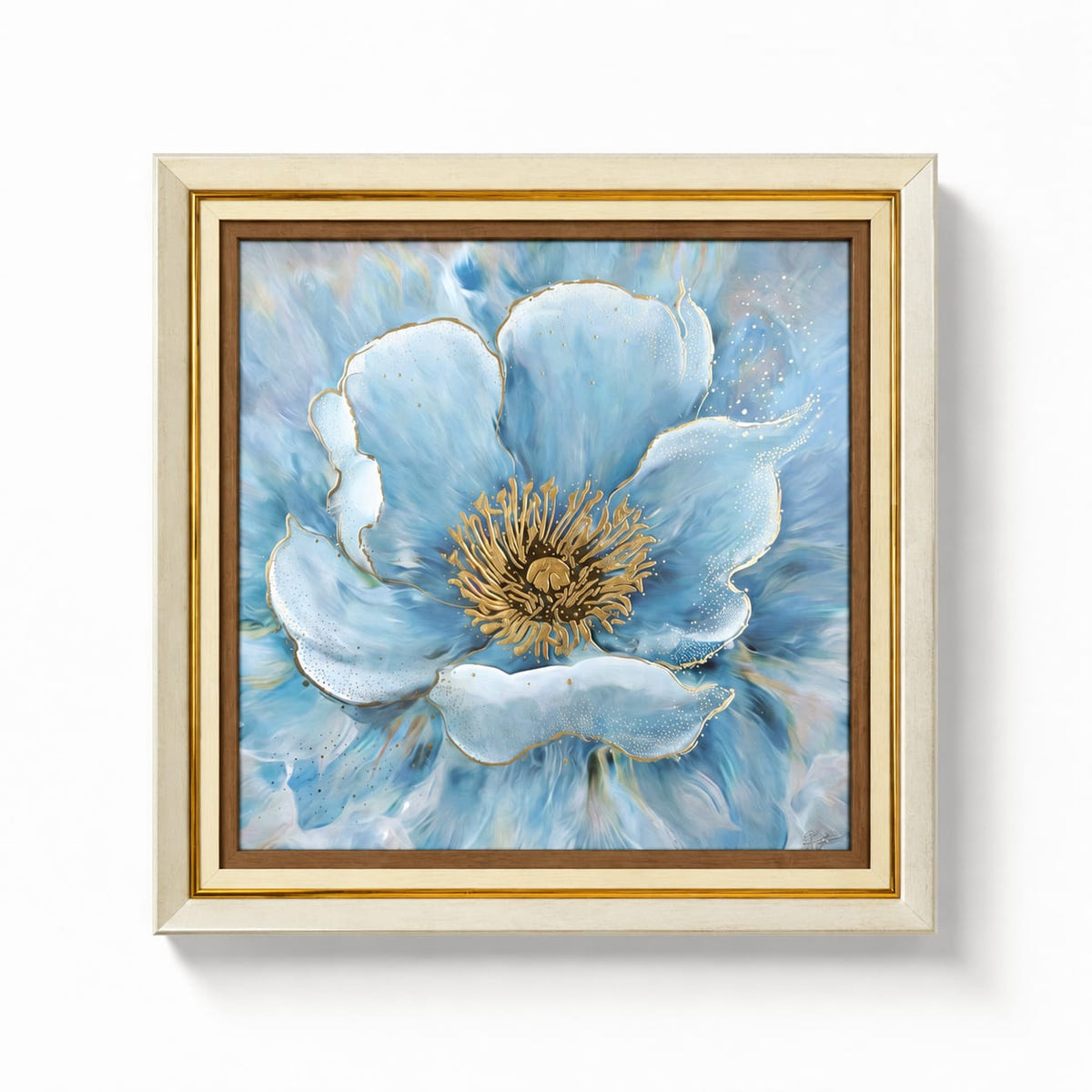 Blue Floral Canvas Wall Painting with Wooden Frame 15 x 15 Inch