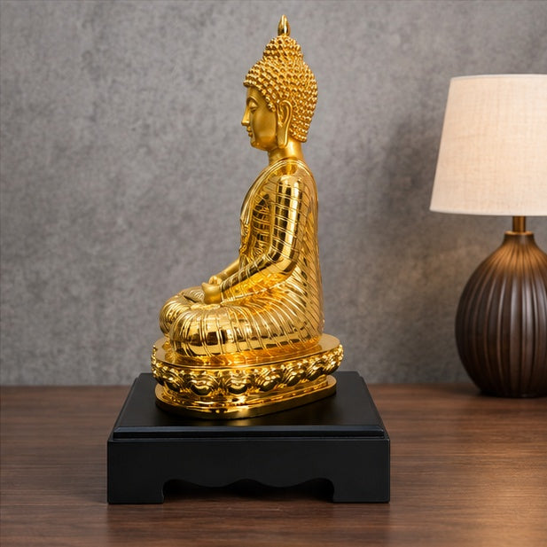 Golden Buddha Statue 13 x 7.5 Inch Decorative Idol with Black Stand for Décor