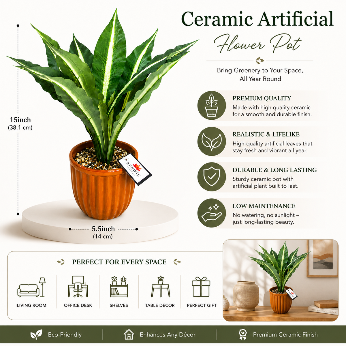 Ceramic Artificial Flower Pot with Green Plant | 15 x 5.5 Inch Decorative Planter
