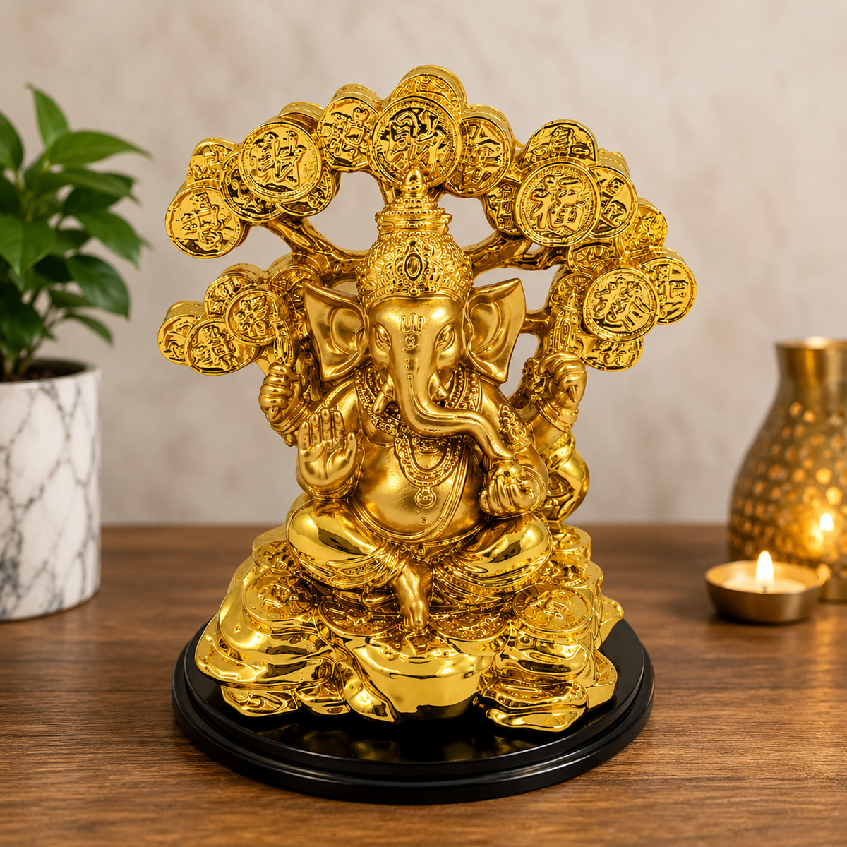 Gold Ganesha Statue Resin Idol | 15 x 12.5 cm Home Décor & Pooja Decor