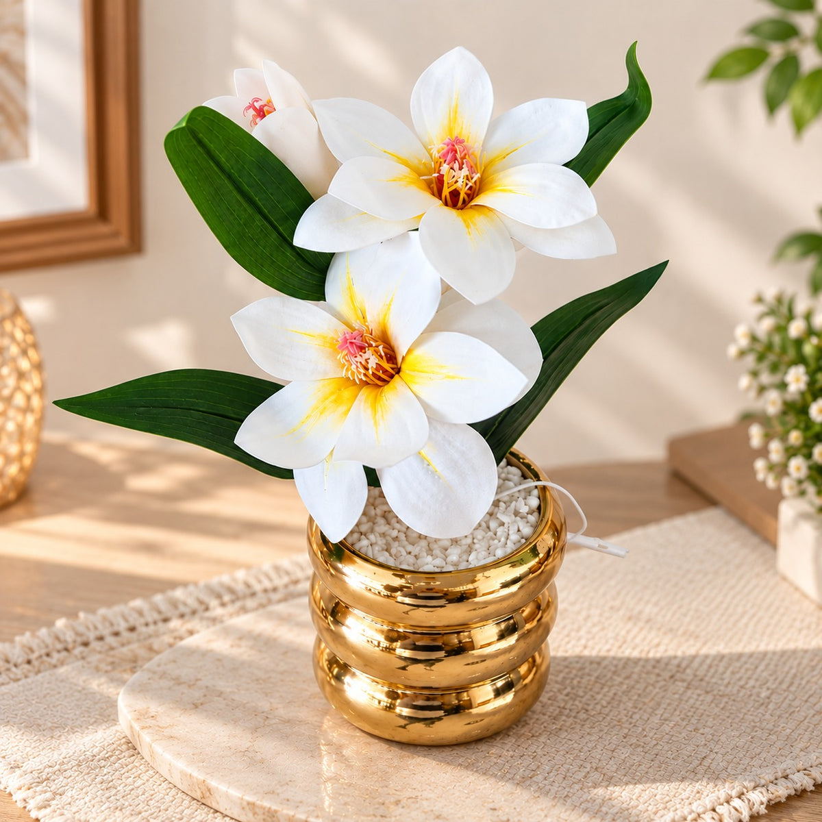 Artificial White Flower Pot with Golden Decorative Vase