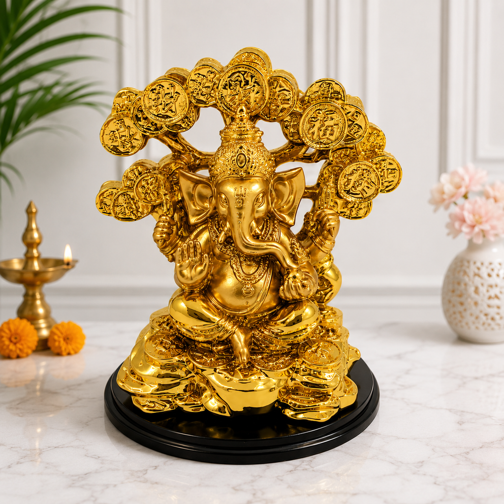 Gold Ganesha Statue Resin Idol | 15 x 12.5 cm Home Décor & Pooja Decor