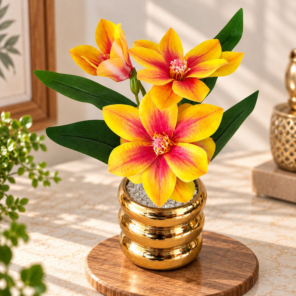 Artificial Yellow and Pink Flower Pot with Golden Decorative Vase