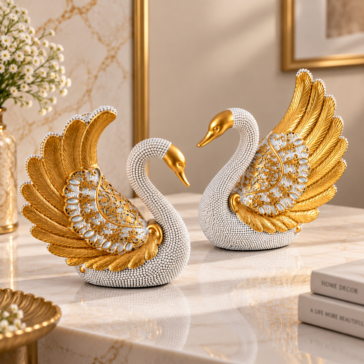 White Swan Decorative Showpiece Set with Gold Detailing | Elegant Swan Couple Figurines