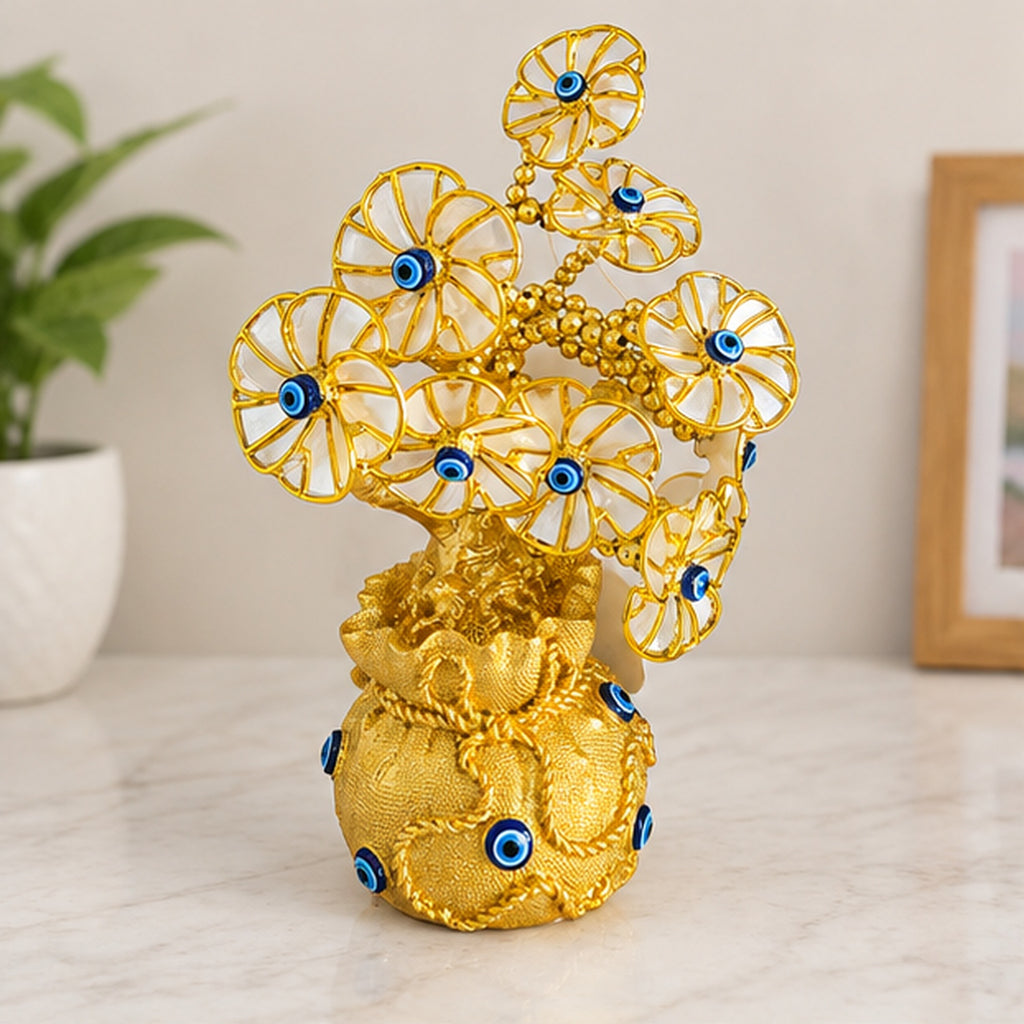 Golden Evil Eye Potli Showpiece with Decorative Floral Design