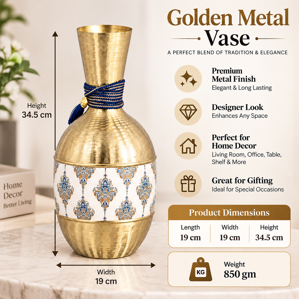Golden Metal Decorative Vase with Blue Rope Detailing for Home & Office Decor