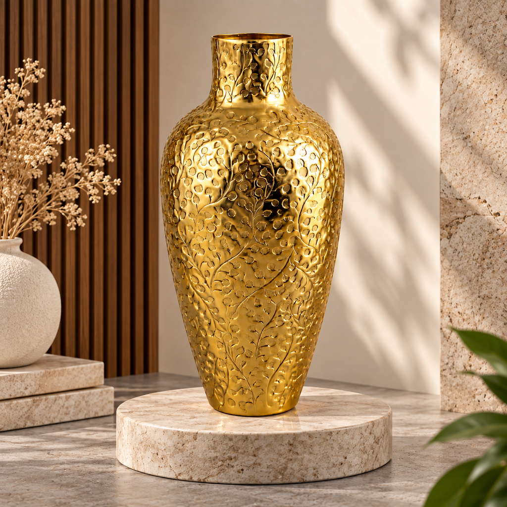 Golden Metal Decorative Vase with Embossed Floral Design – 21 × 21 × 39 cm