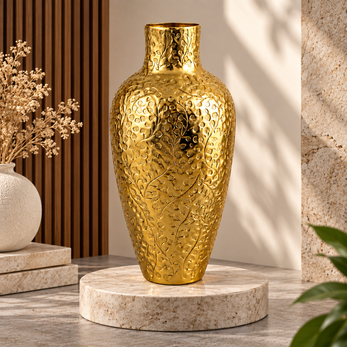Golden Metal Decorative Vase with Embossed Floral Design – 21 × 21 × 39 cm