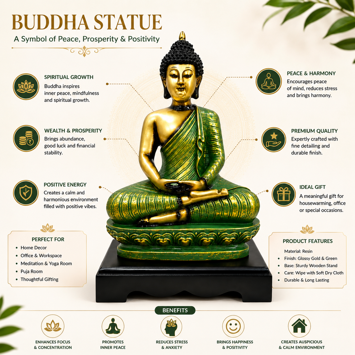 Green Buddha Statue Resin Meditation Idol | 33.02 x 19.05 cm Home Décor