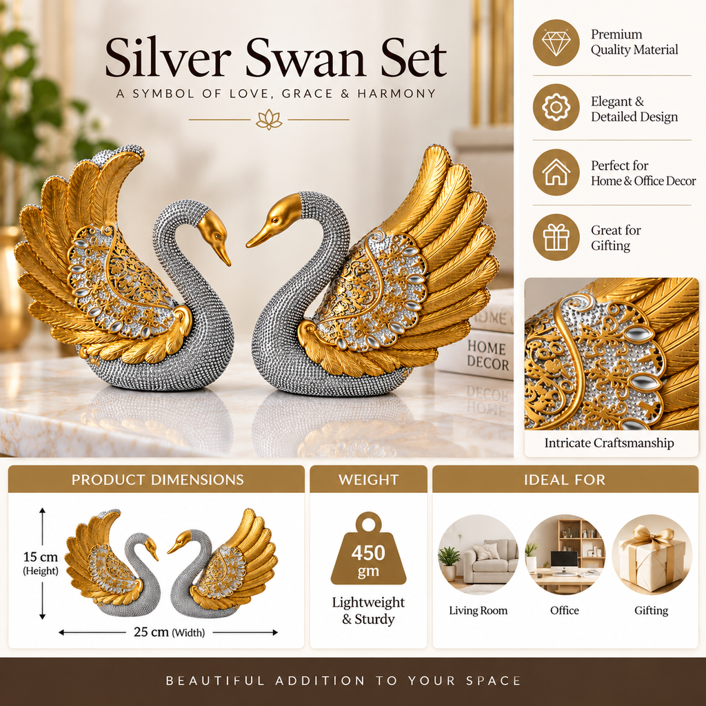 Silver Swan Decorative Showpiece Set | Elegant Swan Couple Figurines