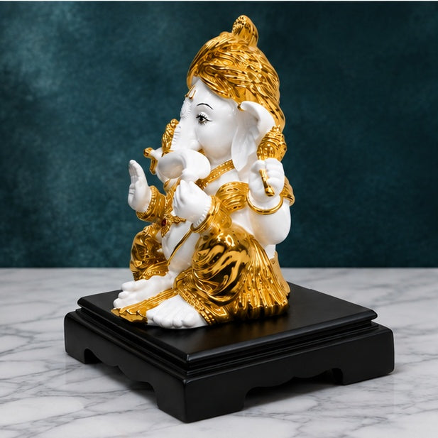 White & Gold Ganesha Statue 8.5 x 7.5 Inch Resin Idol with Black Stand